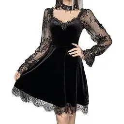 Produktbild: XKBHYD Gothic Kleid Damen Schwarz Samt Langarm Puffärmel Minikleid mit Spitze V Ausschnitt Elegant Partykleid Halloween Kostüm