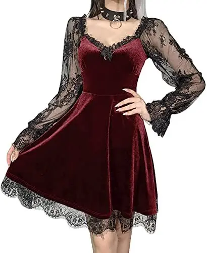 Produktbild: Damen Gothic Kleid A-Linie Punk-Print Kurzarm Swing Everak Cocktailkleid Lolita Drum Con Outfit, 1 x Rot, X-Large