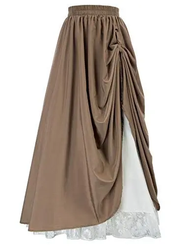Produktbild: Damen Gothic Rock Viktorianischen A-Linie Rock mit Spitzen Elastische Taille Rock Braun XL