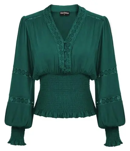 Produktbild: SCARLET DARKNESS 2024 Frühling Sommer Mittelalter Trachtenbluse Gesmokt Taille Hollow Out Carmenbluse Blau Grün M