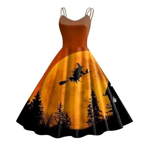 Produktbild: Damen Halloween Kostüme 2024 Blutige Kleider V-Ausschnitt Spaghettiträger Fließende Kleider A Line Swing Party Kleid Rockabilly Kleid Halloween Karneval Kostüm Sexy Halloween Kostüme Für Frauen