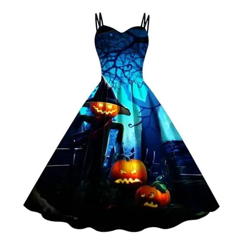 Produktbild: Damen Halloween Kostüme 2024 Blutige Kleider V-Ausschnitt Spaghettiträger Fließende Kleider A Line Swing Party Kleid Rockabilly Kleid Halloween Kostüm Karneval Sexy Halloween Kostüme Für Frauen