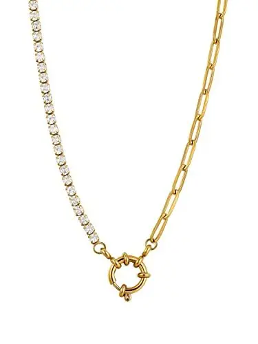 Produktbild: Damen Halskette aus Edelstahl 18 K gold vergoldet, 40-45 cm Länge, verstellbar Schmuck wasserfest Kette mit Zirkonia Geschenk für Damen