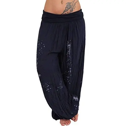 Produktbild: Damen Haremshose leichte Pumphose Aladin-Hose Sarouelhose Yogapant Pluderhose Freizeithose Sommerhose Leinenhose Damen Sommer Marine-B L