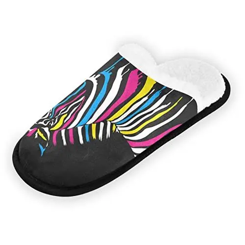 Produktbild: Damen Hausschuhe Bunte Zebradruck Fuzzy Gemütliche Hausschuhe für Damen Herren Kinder Warm Bequem Indoor Schlafzimmer Haus Schuhe, mehrfarbig, Large