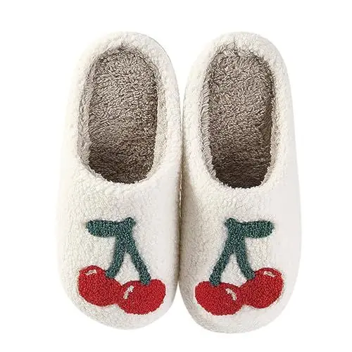 Produktbild: Hausschuhe Fell Kirsche Muster Dicken Sohlen Warme Hause Casual Baumwolle Hausschuhe Orthotic Slippers (White, 43)