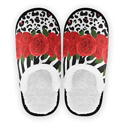 Produktbild: Damen Hausschuhe Zebra Leopard Print Red Rose Fuzzy Cozy Hausschuhe für Damen Herren Kinder Warm Bequem Indoor Schlafzimmer Haus Schuhe, mehrfarbig, Medium