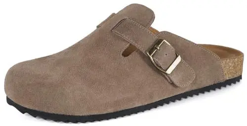 Produktbild: Damen Hausschuhe mit Weiches Fußbett Clogs Herren Leder Geschlossene Pantoletten Gartenschuhe Bequeme Sommer Sandalen Latschen Dunkelbraun 41