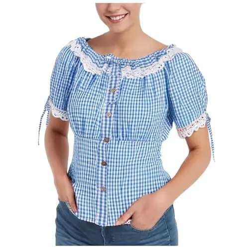 Produktbild: Damen Hemdbluse, Trachtenbluse Damen Kariert Hemd Weiches Holzfällerhemd Bluse Oktoberfest Trachtenshirt Trachtenhemd Trachten Oberteil Kurzarm Slim Fit Karohemd, Himmelblau, M