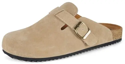 Produktbild: Damen Leder Clogs Hausschuhe mit Fußbett Herren Pantoletten Geschlossene Gartenschuhe Bequeme Sommer Sandalen Freizeit Latschen Aprikose 39