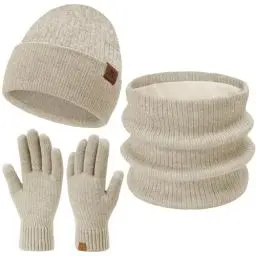 Produktbild: Damen Herren Winter Warm Beanie Mütze Loop Schal Schlauchschal Touchscreen Handschuhe Set mit Fleece Gefütterte Wintermütze Strickmütze Mützen Frauen Geschenk Weihnachten, (3 Stück) Beige