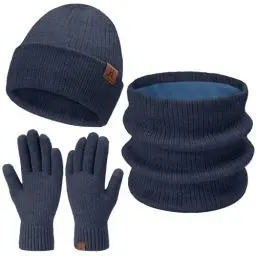 Produktbild: Damen Herren Winter Warm Beanie Mütze Loop Schal Schlauchschal Touchscreen Handschuhe Set mit Fleece Gefütterte Wintermütze Strickmütze Mützen Frauen Geschenk Weihnachten, (3 Stück) Marineblau