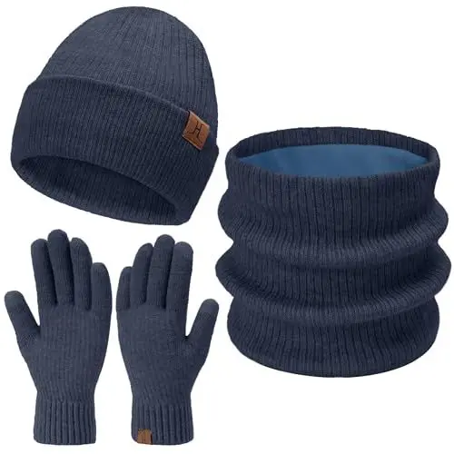 Produktbild: Damen Herren Winter Warm Beanie Mütze Loop Schal Schlauchschal Touchscreen Handschuhe Set mit Fleece Gefütterte Wintermütze Strickmütze Mützen Frauen Geschenk Weihnachten, (3 Stück) Marineblau