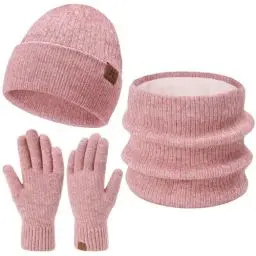 Produktbild: Damen Herren Winter Warm Beanie Mütze Loop Schal Schlauchschal Touchscreen Handschuhe Set mit Fleece Gefütterte Wintermütze Strickmütze Mützen Frauen Geschenk Weihnachten, (3 Stück) Rosa