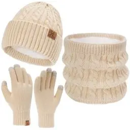 Produktbild: Damen Herren Winter Warm Beanie Mütze Touchscreen Handschuhe Loop Schal Set mit Fleece Gefüttert, Strickmütze Wintermütze Schlauchschal Winterhandschuhe Frauen Männer Geschenk, Aprikose