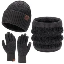Produktbild: Damen Herren Winter Warm Beanie Mütze Touchscreen Handschuhe Loop Schal Set mit Fleece Gefüttert, Strickmütze Wintermütze Schlauchschal Winterhandschuhe Frauen Männer Geschenk, Grau Schwarz