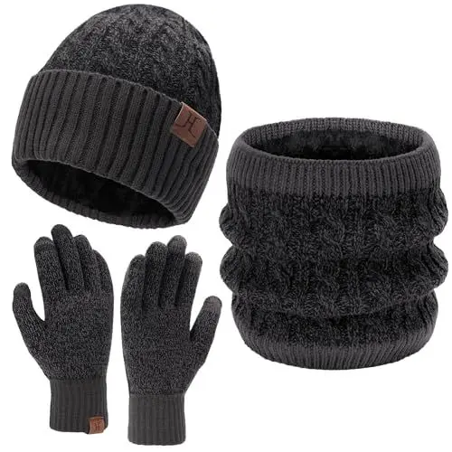 Produktbild: Damen Herren Winter Warm Beanie Mütze Touchscreen Handschuhe Loop Schal Set mit Fleece Gefüttert, Strickmütze Wintermütze Schlauchschal Winterhandschuhe Frauen Männer Geschenk, Grau Schwarz