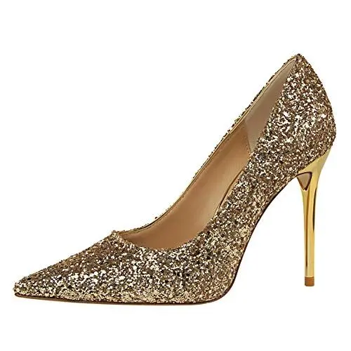 Produktbild: Damen High Heels Spitz Geschlossene Zehen Stilettos Absatz Glänzende Pailletten Oberfläche Sexy Absatzhöhe 9,5 cm Slip On Kleid Pumps Für Party Hochzeit Nachtclub
