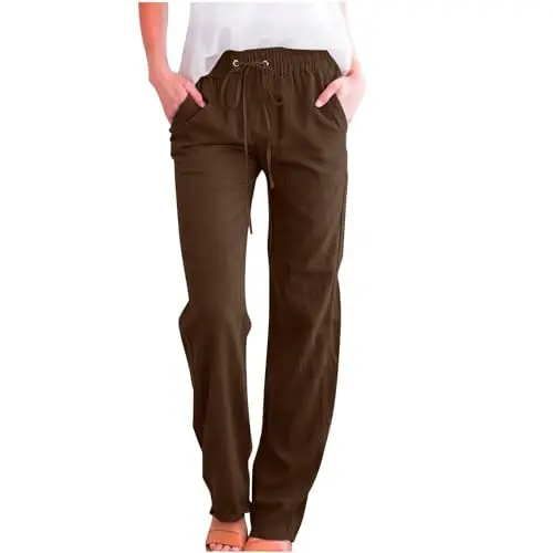 Produktbild: Damen High Waist Leinenhose Sommer Baggy Cargohose Straight Bein Freizeithose Baumwolle Leinenhose Weites Bein Hosen Leicht Elegant Bequeme Jogginghose Lässig Elastische Taille Stoffhose