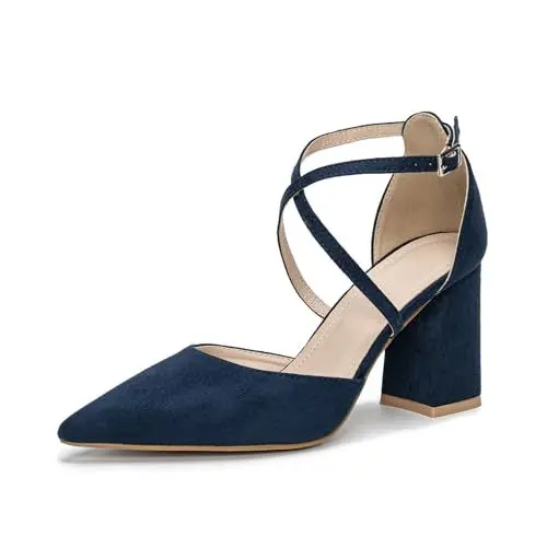Produktbild: Damen Hofschuhe mit Block Heels Spitze Sandalen Knöchelgurt Pumps Wildleder mit Dunkle Absätze