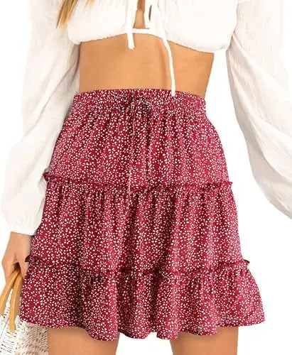 Produktbild: Damen Hohe Taille Minirock mit Kordelzug Casual Rüschen Boho Rock Kurzer Falten Strandrock Blumen Sommer Rock