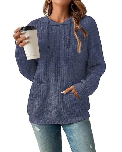 Produktbild: Damen Hoodie Pullover Langarm Herbst Winter Casual Loose Kapuzenpullover Streifen Fallende Schultern Kordelzug Sweatshirt Dunkelblau XL