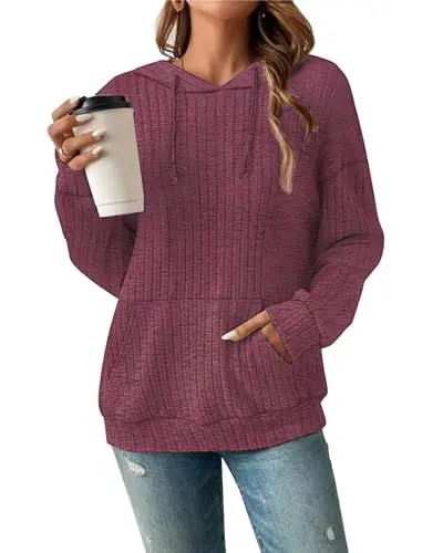 Produktbild: Damen Hoodie Pullover Langarm Herbst Winter Casual Loose Kapuzenpullover Streifen Fallende Schultern Kordelzug Sweatshirt Rot XXL