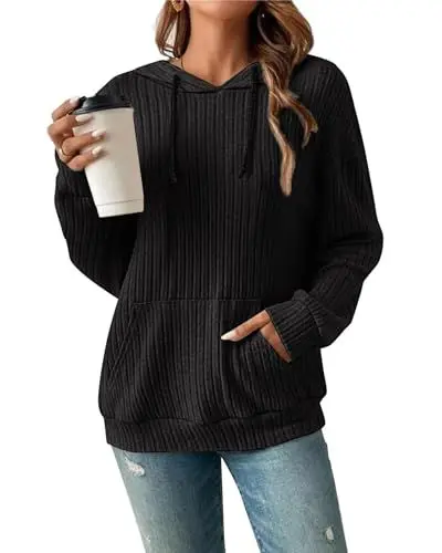 Produktbild: Damen Hoodie Pullover Langarm Herbst Winter Casual Loose Kapuzenpullover Streifen Fallende Schultern Kordelzug Sweatshirt Schwarz XL
