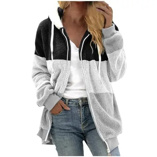 Produktbild: Damen Hoodie mit Kapuze Damen Strickjacke Lang Damen Jacke Winter Winterjacken für Damen Felljacke Damen Fleecejacke Damen Lang 2 Strickjacken mit Reissverschluss Jacke Damen Elfenbein 3Xl