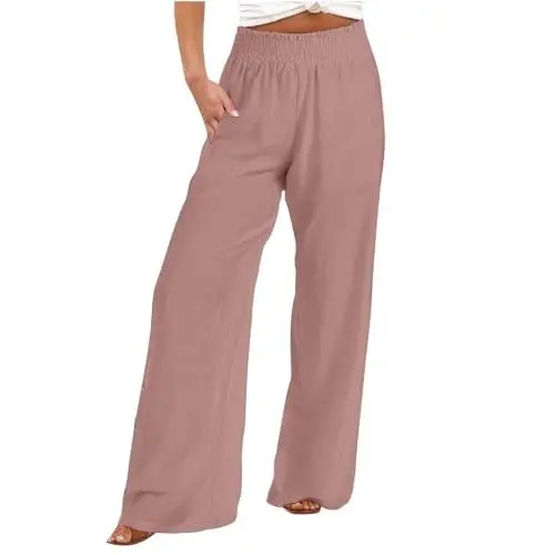 Produktbild: Damen Hose Elegant Weites Bein Hose Damen M Damen Palazzo-Hose aus Leinen, weites Bein, hohe Taille, lässige Boho-Hose, Reise-/Urlaubs-Outfits Luftige Sommerhose Damen Schwarze Hose Damen (RD1, L)