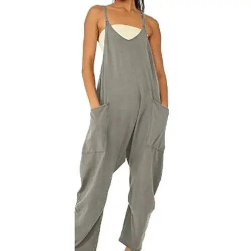 Produktbild: Damen Hose Weiß High Waist Lässiger ärmelloser Jumpsuit für Damen mit V-Ausschnitt und Spaghettiträgern, Lange Hose, Strampler mit Zwei Taschen s𝗼mmerhose High Waist Damen (GY1, XXXXXL)