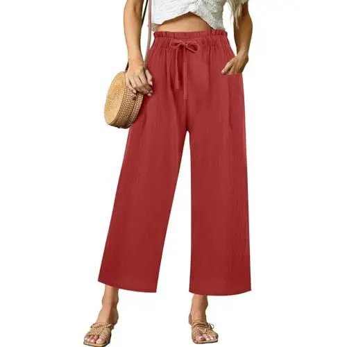 Produktbild: Damen Hosen Weite Lose Gerade Geschnitten Palazzo Hose Hohe Taille Dehnbar Lounge Elegante Hose mit Taschen Sommerhose Wanderhose Straighthose Weites Bein Pant Stoffhose
