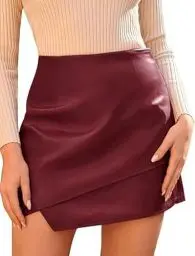 Produktbild: PU Leder Rock für Damen Asymmetrisch Frauen Gewickelt Mini Picknick Festlich Party Club Hosenrock Dunkelrot M