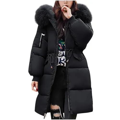 Produktbild: Damen Jacke Winter Women's Down Jacket Winter Mid Lenght Down Puffer Coats Ladies Lightweight Jackets with Hood Plus Size Slim Trench Coat Long Sleeve Leichte Steppjacke Daunenmantel (Black, XXXL)