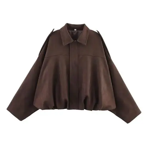 Produktbild: Damen Jacken Übergangsjacken,Bomberjacke Wildlederjacke Für Damen,Kurz Übergangsjacke,Revers Lederjacke Mit Zip Tasche,Lange Ärmel Lässig Übergröße Y2K Jacke,Fashion Winterjacke（01-Kaffee,S）