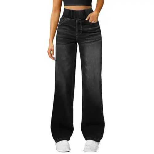 Produktbild: YCBMINGCAN Damen Jeans High Waist mit Komfortbund, Wide Leg Stretch-Denim Hose ohne Reißverschluss, Bequeme Straight Leg Freizeithose