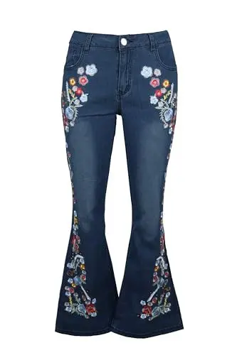 Produktbild: Damen Jeans mit Blumenstickerei, ausgestellt, Glockenunterteil, dehnbar, Denim-Hose, Freizeithose, 1 dunkelblau, S
