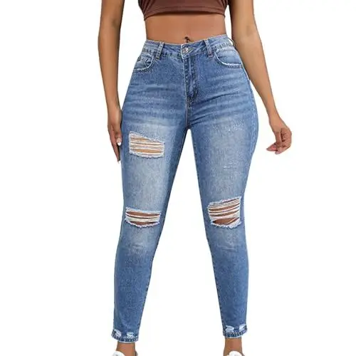 Produktbild: Damen Jeanshose Zerrissen Destroyed Damen Jeans hohe Taille Distressed Stretch Hose Klassische Distressed Jeans für Damen Damen Jeans Zerrissene Hose (Blue S)