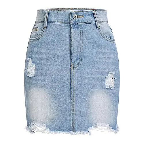 Produktbild: Damen Denim Minirock Raw Saum zerrissen Distressed Jean Rock hohe Taille Bodycon lässig kurzen Rock mit Tasche für Frauen Roher Saum-Blau S