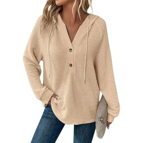 Produktbild: Damen Kapuzenpullis Waffelstrick Kordelzug Knopf V Hals Langarm lässig Pullover Sweatshirt mit Kapuze TopsBeigeM