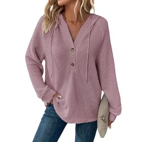 Produktbild: Damen Kapuzenpullis Waffelstrick Kordelzug Knopf V Hals Langarm lässig Pullover Sweatshirt mit Kapuze TopsRosaM