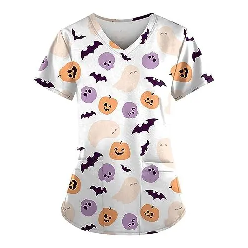 Produktbild: Damen Kasack Halloween Pflege Berufskleidung Kasacks V Ausschnitt Kittel Kostüm Mit Taschen Altenpflege Medizinische Berufsbekleidung Kurzarm Kostüme Für Laborkittel Atmungsaktive Herren（F#White，L）