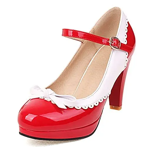 Produktbild: Damen Kegelsatz Mary Jane Schuhe, Höhe Ferse Pumpe Runde Zehen Schnalle Party Schuhe mit Plateau Bogen Mode Ejtqdj Rot Gr 35 EU
