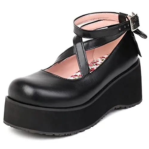 Produktbild: Damen Keilabsatz-Mary-Jane-Schuhe Runde Zehen Lässige Pump Schnalle Schuhe mit Mittlerem Absatz Und Plateau mit Plateau Criss Cross Strap Bogen Party Schuhe, 9280Erb Schwarz Gr 38 EU