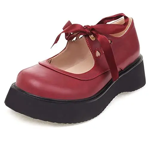 Produktbild: Damen Keilabsatz Mary Jane Schuhe, Mittlere Fersenpumpe Runde Zehen Schnüren Kleid Pumps mit Plateau Komfort Ssepoq Rotwein Gr 38 EU