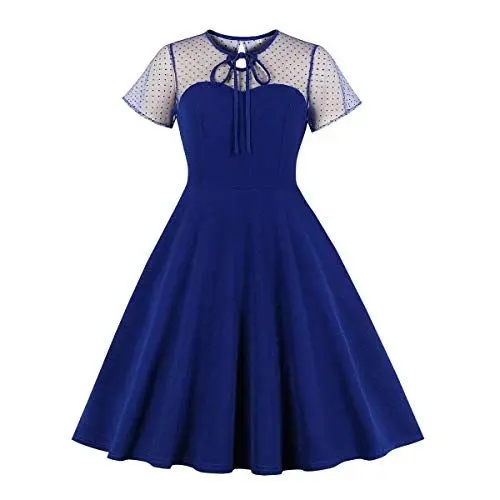 Produktbild: Odizli Rockabilly Kleider Damen 50er Jahre Elegant Vintage Sommer Mesh Kurzarm A Linie Sommerkleid Swing Petticoat Knielang Coctailkleid Hochzeit Festlich Hochzeitsgäste Kurz Abendkleid Königsblau XXL