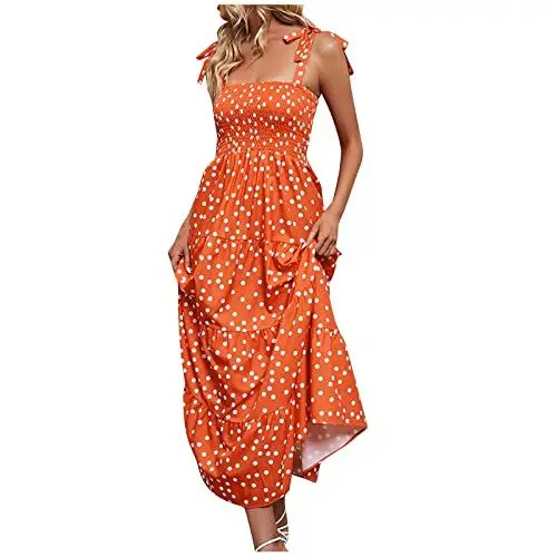 Produktbild: Damen Kleider Sommer Elegant Volant Trägerkleid Damen Sommer Lang Schnürung Maxikleid Schwingen Gesmoktes Kleid A Linie Sommerkleid Damen Leicht Und Luftig Sommerkleider Maxi Volantkleider