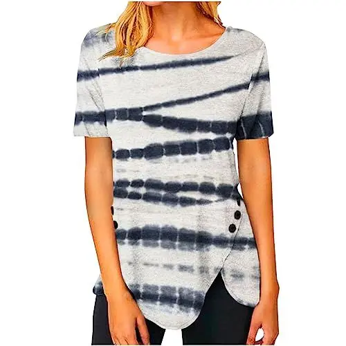 Produktbild: Damen Kleidung Sale - Damen Tshirt Blümchen Muster Wickel Tunika Rundhals Shirt Damen Kurzarm Baggy Frauen Oberteile Ultra Leichtes Crop Top, Marineblau, XL