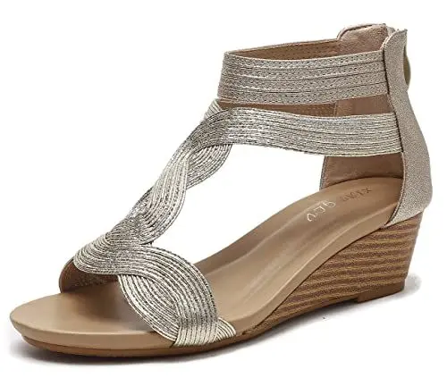 Produktbild: Damen Knöchelriemen Reißverschluss Keil Sandalen T-Strap Sommer Freizeitschuhe Gold 40 EU