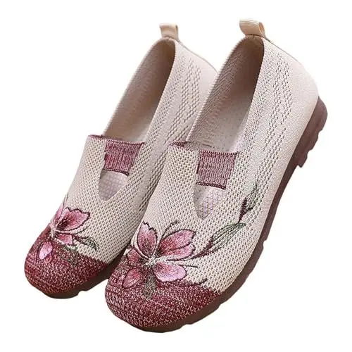 Produktbild: Damen Komfort Slip-On Loafers Flach Schaumstoff Mesh Anti-Rutsch Walking Schuhe zarter Blumenstickerei Sneaker Atmungsaktive Turnschuhe Bequem Sportschuhe Driving Flachschuhe Slipper Sommerschuh